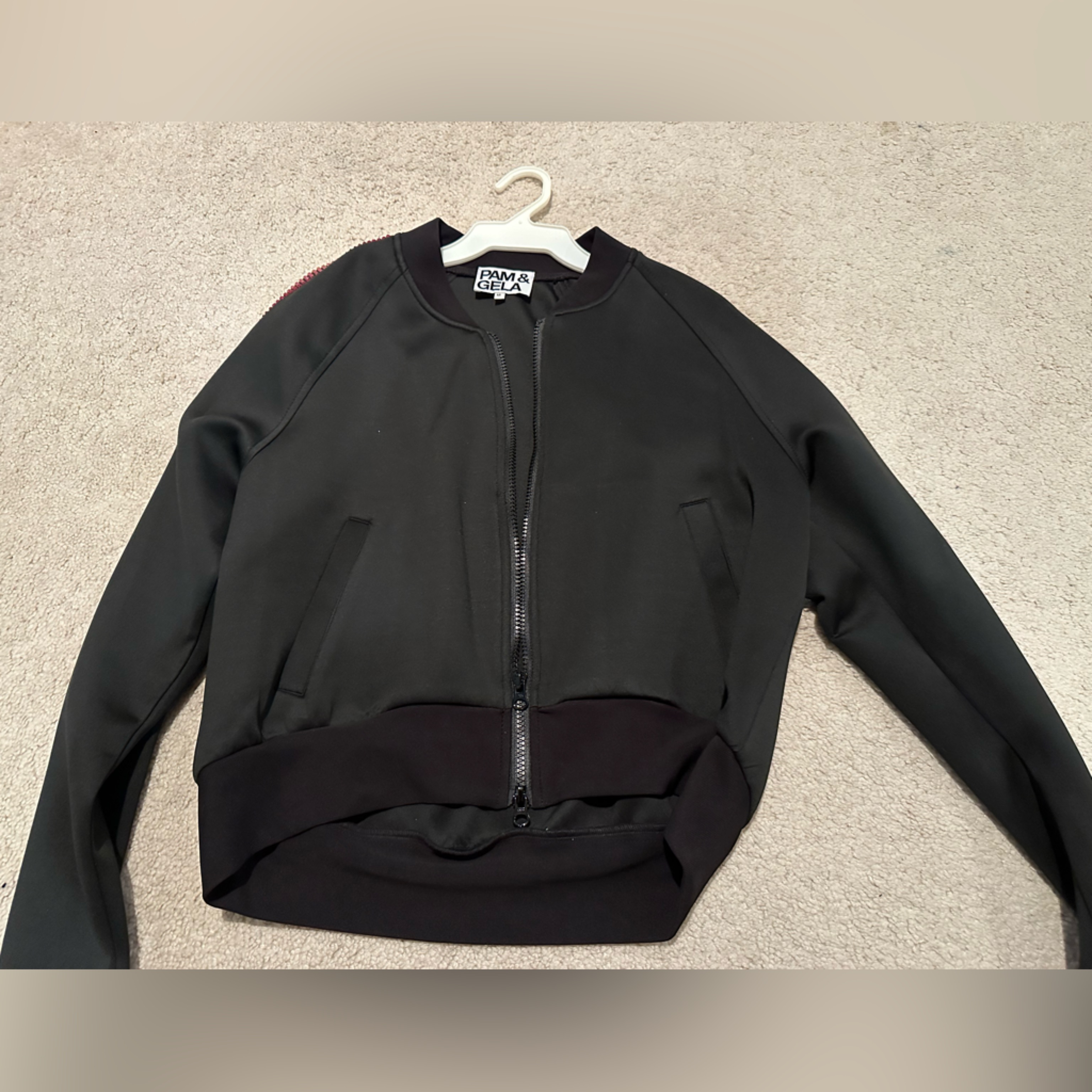 Pam & Gela Black Satin With Multi Stones Track Suit Jacket Size Medium
